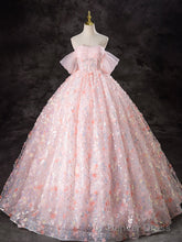 A-Line Off Shoulder Tulle Lace Pink Long Prom Dress, Pink Sweet 16 Dress